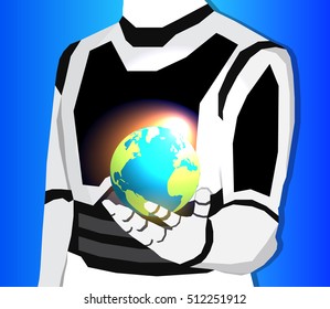 Android holds the planet. Vector planet. Flat android. Cyber Monday.