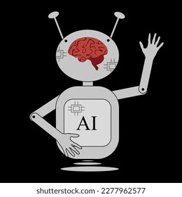 An android with a human brain in his head on a black background. Artificial intelligence concept.