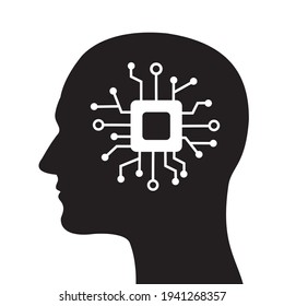 Android and humanoid - silhouette of human with processor, microprocessor, chip, chipset and cpu in head instead of brain. Robotic human and modern digital technology. Vector illustration.