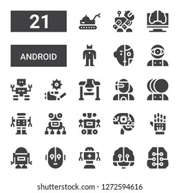 android icon set. Collection of 21 filled android icons included Intelligence, Artificial intelligence, Robot, Science fiction, Exoskeleton, Cyborg