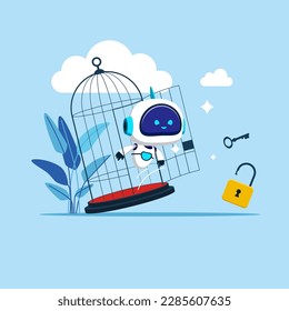 Android with key free himself from cage. Freedom concept. Artificial intelligence technology. Modern vector illustration in flat style 