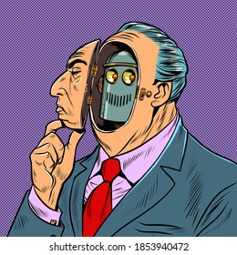 An android man disguises himself as a human robot. Pop art retro illustration kitsch vintage 50s 60s style