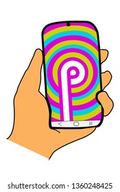 android pie on mobile phone. Grab and feel the technology in your hand.