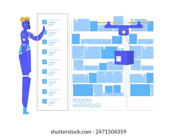 Android procesa pedidos en el almacén. Un dron entrega un paquete a un comprador. Tecnologías modernas en el almacenamiento de mercancías y logística. Ilustración plana de Vector.