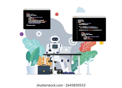 Programador Android escrevendo código no laptop. Ilustração vetorial