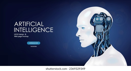 Android robot 3D with AI on a blue background. Artificial intelligence and neural networks concept. 3D humanoid robot with artificial intelligence. White humanoid with artificial intelligence. Vector