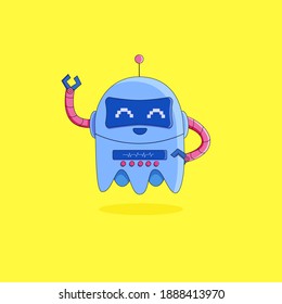 An android robot or a chatbot is a round and cheerful spy. Vector illustration. Happy character for the site. Technological spicker. Vector illustration. Yellow background. Children's drawing, print.