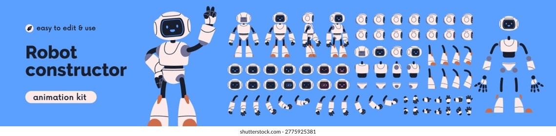 Android robot constructor, bot character, animation kit with head, face expressions, hand gestures, arms, legs actions. AI machine, computer body parts and elements set. Flat vector illustration