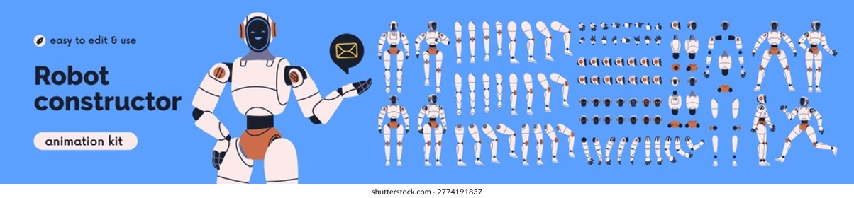 Android robot constructor set. Bot body parts, elements, poses, components, animation kit. AI assistant, electronic cyborg character, humanoid, chatbot mascot construction. Flat vector illustration