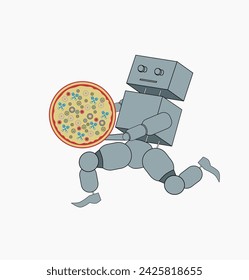 Android Robot Courier Delivering Pizza