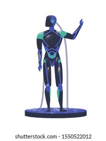 Android robot flat vector illustration. Humanoid cyborg standing with raised hand isolated on white background. Hi tech artificial intelligence, futuristic robotics, advanced modern technology.