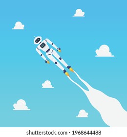 Android robot flying on blue sky. Vector illustration. Artifitial intelligence.