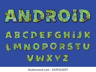 Android robot font. Cartoon green vector graffiti letters