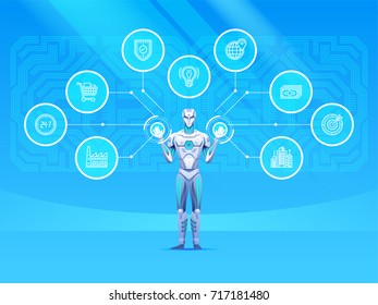 Android robot with industrial network. Robot is working with touchscreen. Vector 