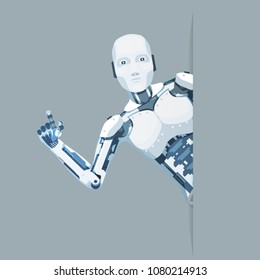 Android robot look out corner online help technology science fiction future cute little 3d sale design vector illustration