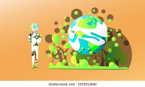 Un robot androide mira la belleza del planeta.