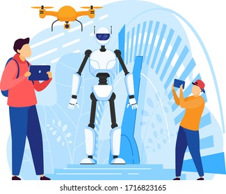 Android robot, people control futuristic technologies with modern gadgets, vector illustration. Flying drone and innovative devices, man cartoon character, boy with smartphone. Artificial intelligence