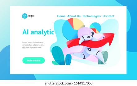 Android robot runs holding arrow of graph of sales growth on background of flying circular diagrams. Web page template. Metaphor of AI, and bots in business. Vector flat illustration