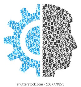 Android robotics collage of dollar symbols and round spots. Vector dollar currency pictograms are combined into android robotics composition.