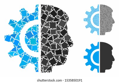 Android robotics composition of uneven pieces in various sizes and color tinges, based on android robotics icon. Vector inequal pieces are organized into collage.