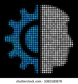 Android robotics halftone vector icon. Illustration style is pixelated iconic android robotics symbol on a black background. Halftone structure is build with circle blots.