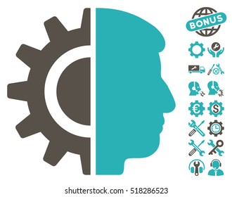 Android Robotics icon with bonus options pictures. Vector illustration style is flat iconic grey and cyan symbols on white background.