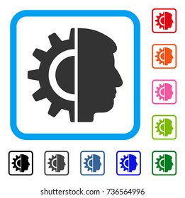 Android Robotics icon. Flat gray iconic symbol inside a light blue rounded squared frame. Black, gray, green, blue, red, orange color versions of Android Robotics vector.