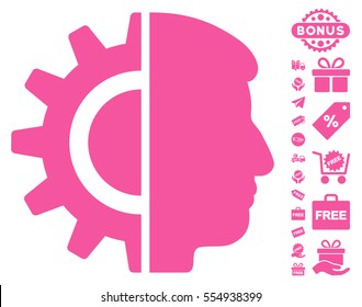 Android Robotics icon with free bonus clip art. Vector illustration style is flat iconic symbols, pink color, white background.