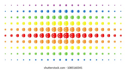 Android robotics icon rainbow colored halftone pattern. Vector android robotics items are arranged into halftone matrix with vertical spectral gradient. Designed for backgrounds, covers,