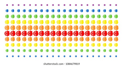 Android Robotics icon spectral halftone pattern. Vector symbols organized into halftone array with vertical spectral gradient. Constructed for backgrounds, covers, templates and abstract compositions.