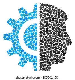 Android Robotics mosaic of filled circles in variable sizes and color hues. Filled circles are united into android robotics vector composition. Vector design concept.