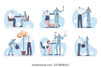 Android robotics and people work. Robot vs human in job, competition and collaboration scenes. Flat cartoon managers, business analytics kicky vector concept