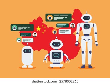 Android Robots Artificial intelligence chat bot by China. Cyborg Technology and Futuristic Intelligence Machine. Graphic design in flat style