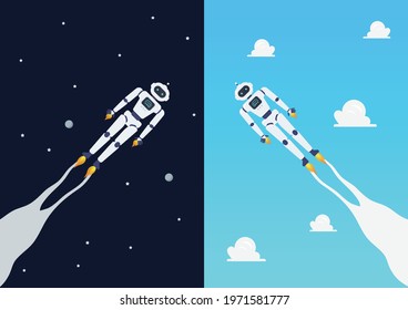 Android robots flying on day and night sky. Vector Illustration. 
