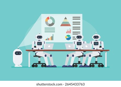 Robôs Android se encontrando na mesa. Ilustração vetorial