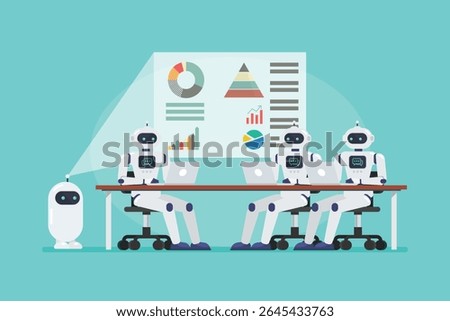 Android robots meeting on the table. Vector illustration