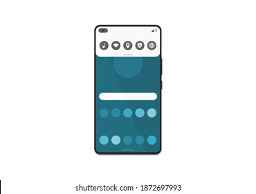 Vista frontal de la ilustración del teléfono inteligente de Android. Pantalla de taladro de punzonado. Iconos redondos modernos de la U.I. Vector de color plano.