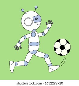 android soccer player soccer player runs across the field and kicks the football ball, color vector clip art on green isolated background
