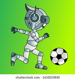 android soccer player soccer player runs across the field and kicks the football ball, color vector emoticon on green isolated background