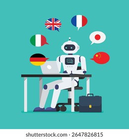 Android translator is working on a laptop computer at office desk. Vector illustration