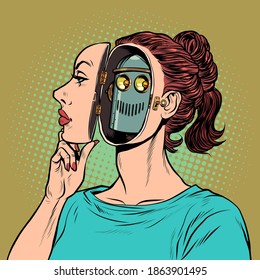 Una mujer androide finge ser humana, pero dentro es robot. Ilustración de arte pop retro estilo kitsch vintage años 50 años 60