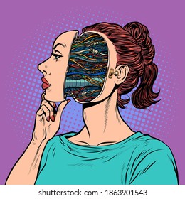An Android woman pretends to be a human, but inside she is a robot. Pop art retro illustration kitsch vintage 50s 60s style