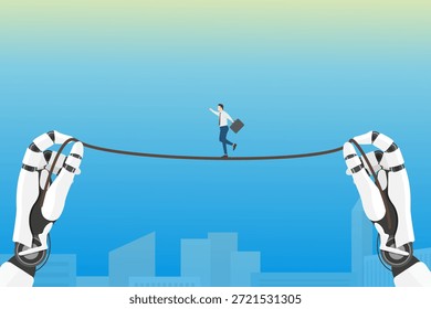 Las manos de un androide ayudan a un humano a mantener el equilibrio en un entorno de trabajo donde el desarrollo de máquinas está trabajando contra el trabajo humano