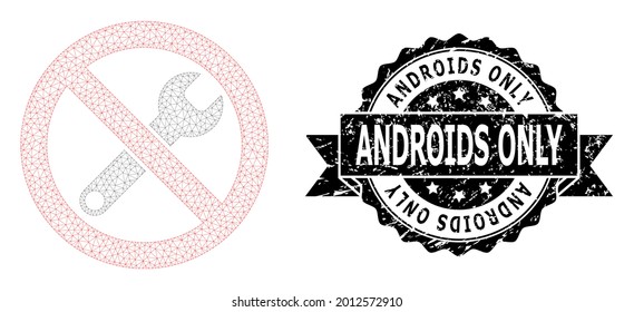 Androides Sólo el sello de grifo y el vector prohíben la estructura de malla de reparación. El sello negro incluye la leyenda Androids Only dentro de cinta y rosette. Resumen de malla 2d prohibida la reparación,