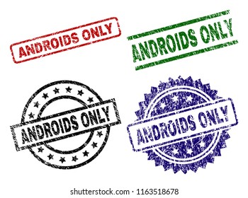 ANDROIDS ONLY seal prints with corroded surface. Black, green,red,blue vector rubber prints of ANDROIDS ONLY caption with corroded style. Rubber seals with round, rectangle, rosette shapes.