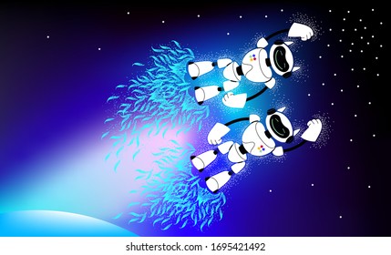 androids in outer space. robots are flying in space. space exploration with the help of new technologies. robots fly on a jet thrust, the first cosmic speed, stellar bots, astronauts in open space.