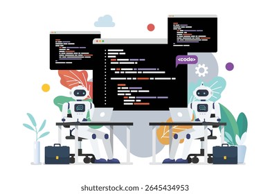 Androids programmer writing code on laptop together. Vector illustration