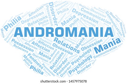 Andromania word cloud. Type of mania, made with text only.