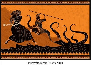 andromeda chained to a rock and perseus fighting the sea monster kraken