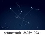 Andromeda constellation featuring labeled stars in a glowing, star filled night sky.